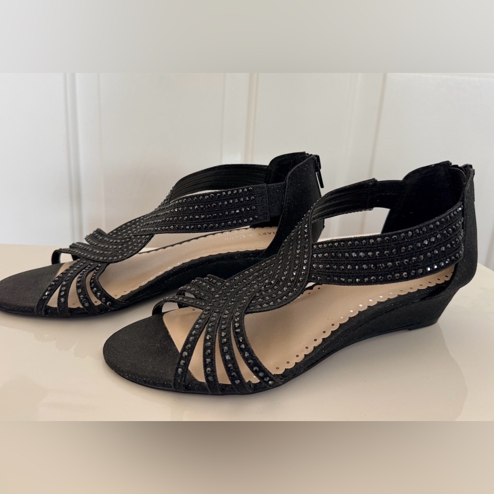 Charter Club Women's Black Rhinestone Ginifur Wedge Sandals 1.5" Heel Size 7
